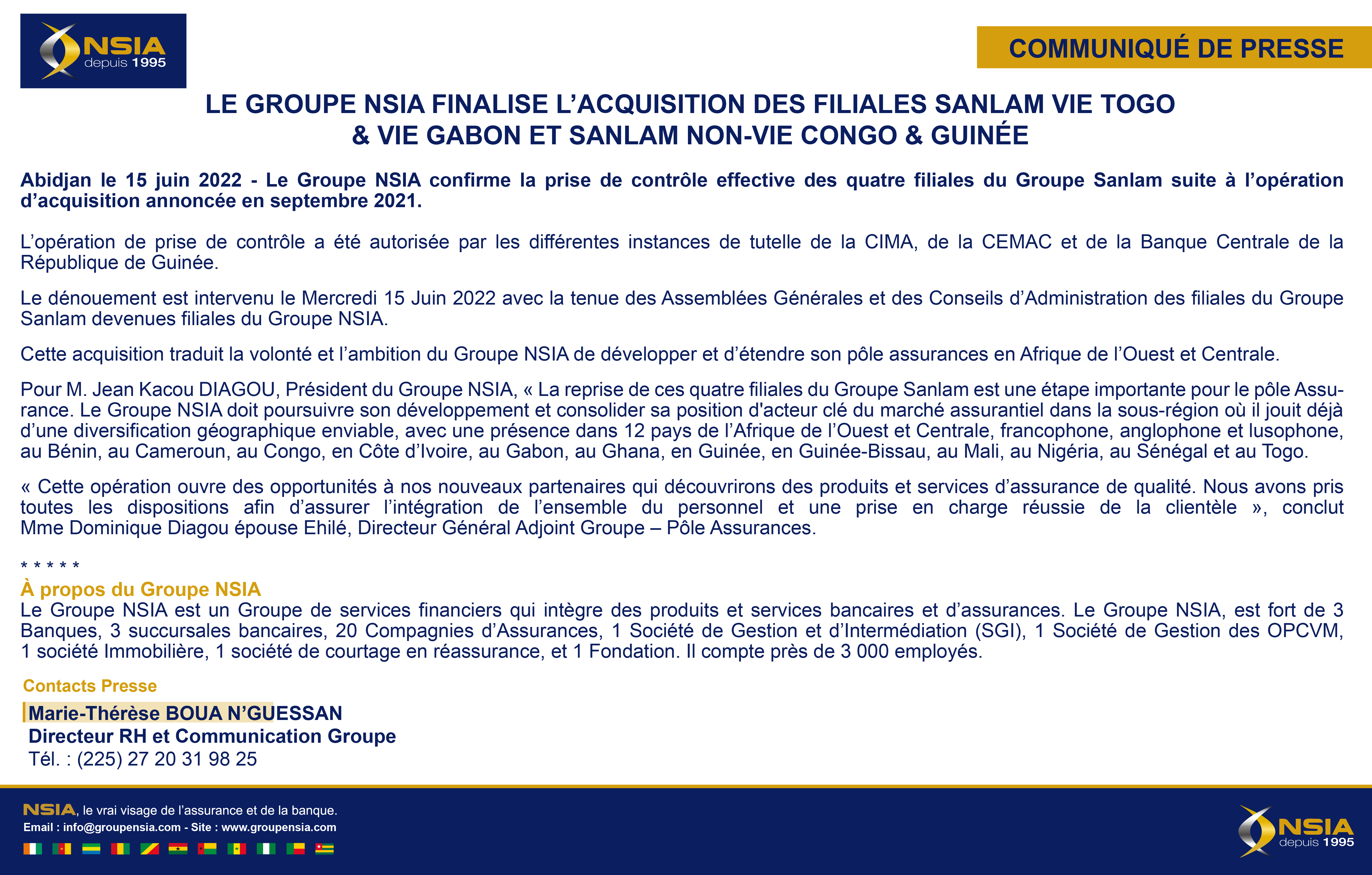 COMMUNIQUE DE PRESSE- Le Groupe NSIA finalise l'acquisition des filiales Sanlam Vie Togo & VIE Gabon et Sanlam Non-Vie Congo & Guinée. 