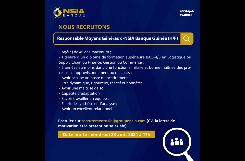 Responsable des moyens Généraux | NSIA Banque Guinée (H/F)